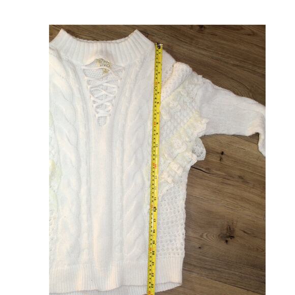 Torn by Ronny Kobo Cream Lace-Up Ruffle Cable Knit Sweater Women’s Small - Picture 6 of 6